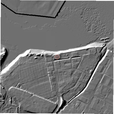 Shaded relief map of the ground around SO404AB, computed from Environment Agency LiDAR. The ground here sits at about 3 m above sea level and falls 14 m across the surrounding 800 m. Surface water reaching this point runs off ground lying to the south-south-west, 2.3 m higher.