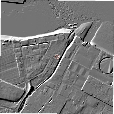 Shaded relief map of the ground around SO404AD, computed from Environment Agency LiDAR. The ground here sits at about 2 m above sea level and falls 10 m across the surrounding 800 m. Surface water reaching this point runs off ground lying to the east-south-east, 1.2 m higher.