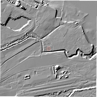 Shaded relief map of the ground around SO404AF, computed from Environment Agency LiDAR. The ground here sits at about 3 m above sea level and falls 12 m across the surrounding 800 m. Surface water reaching this point runs off ground lying to the east-north-east, 0.7 m higher.