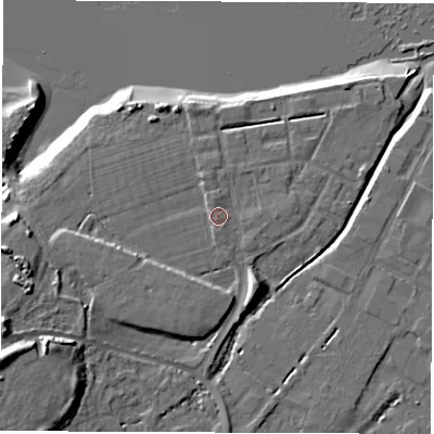 Shaded relief map of the ground around SO404AG, computed from Environment Agency LiDAR. The ground here sits at about 4 m above sea level and falls 16 m across the surrounding 800 m. Surface water reaching this point runs off ground lying to the west-south-west, 5.4 m higher.