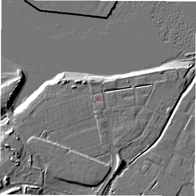 Shaded relief map of the ground around SO404AH, computed from Environment Agency LiDAR. The ground here sits at about 3 m above sea level and falls 16 m across the surrounding 800 m. Surface water reaching this point runs off ground lying to the south, 1.1 m higher.