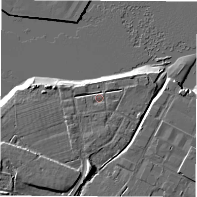 Shaded relief map of the ground around SO404AJ, computed from Environment Agency LiDAR. The ground here sits at about 3 m above sea level and falls 14 m across the surrounding 800 m. Surface water reaching this point runs off ground lying to the south-west, 2.0 m higher.