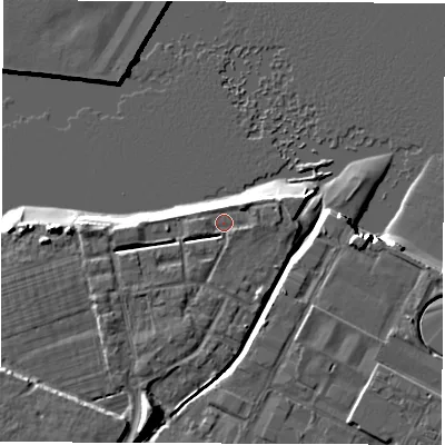 Shaded relief map of the ground around SO404AL, computed from Environment Agency LiDAR. The ground here sits at about 2 m above sea level and falls 10 m across the surrounding 800 m. Surface water reaching this point runs off ground lying to the south-south-west, 6.0 m higher.