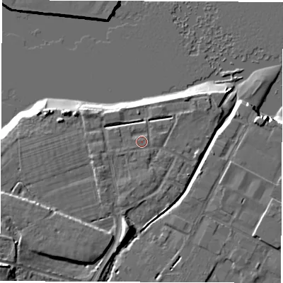 Shaded relief map of the ground around SO404AN, computed from Environment Agency LiDAR. The ground here sits at about 3 m above sea level and falls 14 m across the surrounding 800 m. Surface water reaching this point runs off ground lying to the south-west, 5.4 m higher.