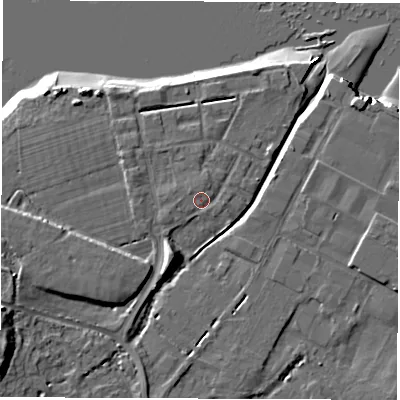 Shaded relief map of the ground around SO404AP, computed from Environment Agency LiDAR. The ground here sits at about 3 m above sea level and falls 13 m across the surrounding 800 m. Surface water reaching this point runs off ground lying to the west-south-west, 1.2 m higher.