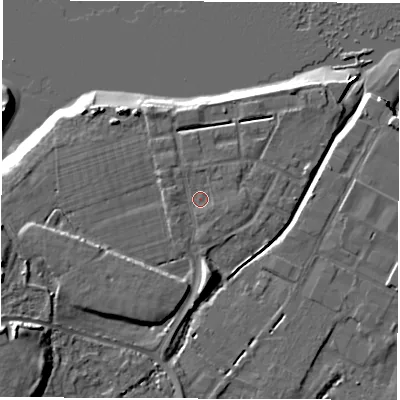 Shaded relief map of the ground around SO404AQ, computed from Environment Agency LiDAR. The ground here sits at about 3 m above sea level and falls 15 m across the surrounding 800 m. Surface water reaching this point runs off ground lying to the west-south-west, 8.1 m higher.