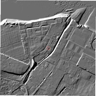 Shaded relief map of the ground around SO404AR, computed from Environment Agency LiDAR. The ground here sits at about 3 m above sea level and falls 10 m across the surrounding 800 m. Surface water reaching this point runs off ground lying to the west-south-west, 1.6 m higher.