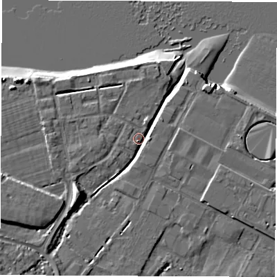 Shaded relief map of the ground around SO404AS, computed from Environment Agency LiDAR. The ground here sits at about 3 m above sea level and falls 10 m across the surrounding 800 m. Surface water reaching this point runs off ground lying to the south-west, 6.7 m higher.