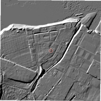 Shaded relief map of the ground around SO404AT, computed from Environment Agency LiDAR. The ground here sits at about 3 m above sea level and falls 13 m across the surrounding 800 m. Surface water reaching this point runs off ground lying to the south-south-west, 1.0 m higher.