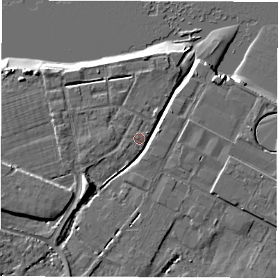 Shaded relief map of the ground around SO404AU, computed from Environment Agency LiDAR. The ground here sits at about 3 m above sea level and falls 10 m across the surrounding 800 m. Surface water reaching this point runs off ground lying to the south-west, 6.5 m higher.