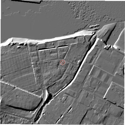 Shaded relief map of the ground around SO404AW, computed from Environment Agency LiDAR. The ground here sits at about 3 m above sea level and falls 11 m across the surrounding 800 m. Surface water reaching this point runs off ground lying to the west-south-west, 5.6 m higher.