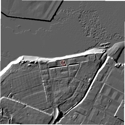 Shaded relief map of the ground around SO404AX, computed from Environment Agency LiDAR. The ground here sits at about 2 m above sea level and falls 12 m across the surrounding 800 m. Surface water reaching this point runs off ground lying to the south-west, 2.3 m higher.