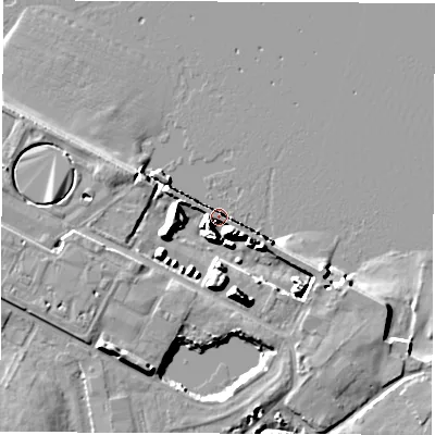 Shaded relief map of the ground around SO404BD, computed from Environment Agency LiDAR. The ground here sits at about 4 m above sea level and falls 13 m across the surrounding 800 m. Surface water reaching this point runs off ground lying to the south-east, 12.5 m higher.
