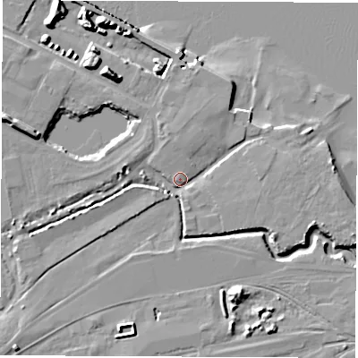 Shaded relief map of the ground around SO404BE, computed from Environment Agency LiDAR. The ground here sits at about 4 m above sea level and falls 13 m across the surrounding 800 m. Surface water reaching this point runs off ground lying to the west, 3.8 m higher.