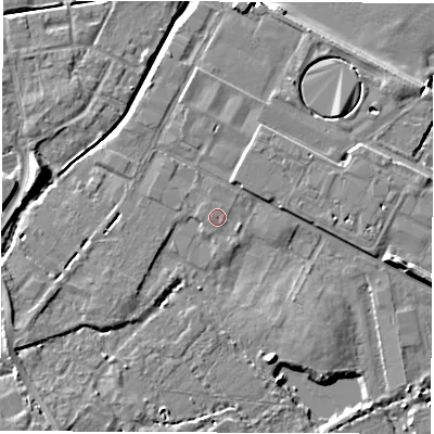Shaded relief map of the ground around SO404BJ, computed from Environment Agency LiDAR. The ground here sits at about 4 m above sea level and falls 10 m across the surrounding 800 m. Surface water reaching this point runs off ground lying to the south-south-east, 0.6 m higher.