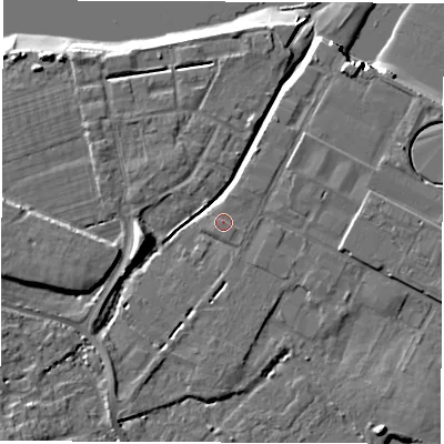 Shaded relief map of the ground around SO404BL, computed from Environment Agency LiDAR. The ground here sits at about 4 m above sea level and falls 10 m across the surrounding 800 m. Surface water reaching this point runs off ground lying to the north-east, 0.6 m higher.