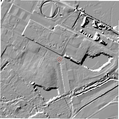 Shaded relief map of the ground around SO404BX, computed from Environment Agency LiDAR. The ground here sits at about 3 m above sea level and falls 13 m across the surrounding 800 m. Surface water reaching this point runs off ground lying to the south-west, 2.3 m higher.