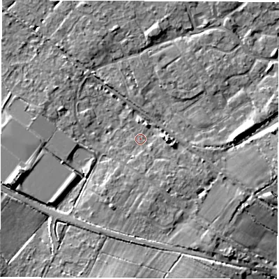 Shaded relief map of the ground around SO404JX, computed from Environment Agency LiDAR. The ground here sits at about 10 m above sea level and falls 9 m across the surrounding 800 m. Surface water reaching this point runs off ground lying to the south-south-west, 4.2 m higher.