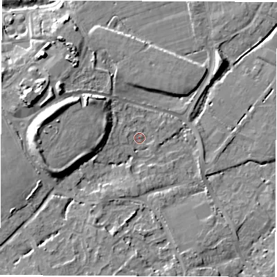 Shaded relief map of the ground around SO404LB, computed from Environment Agency LiDAR. The ground here sits at about 6 m above sea level and falls 14 m across the surrounding 800 m. Surface water reaching this point runs off ground lying to the west-north-west, 9.9 m higher.