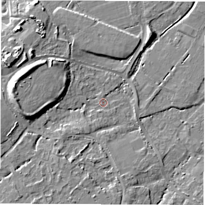 Shaded relief map of the ground around SO404LE, computed from Environment Agency LiDAR. The ground here sits at about 5 m above sea level and falls 14 m across the surrounding 800 m. Surface water reaching this point runs off ground lying to the south-south-west, 1.2 m higher.