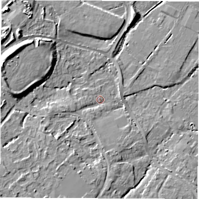Shaded relief map of the ground around SO404SD, computed from Environment Agency LiDAR. The ground here sits at about 6 m above sea level and falls 13 m across the surrounding 800 m. Surface water reaching this point runs off ground lying to the south-south-west, 4.3 m higher.