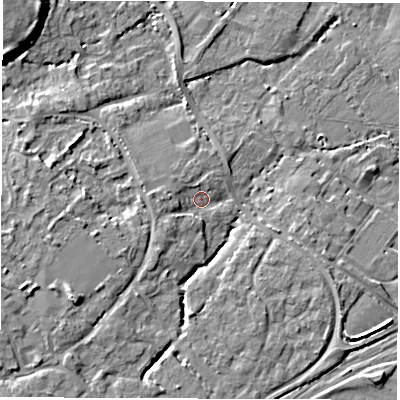 Shaded relief map of the ground around SO404SE, computed from Environment Agency LiDAR. The ground here sits at about 6 m above sea level and falls 10 m across the surrounding 800 m. Surface water reaching this point runs off ground lying to the south-west, 4.6 m higher.