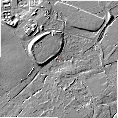 Shaded relief map of the ground around SO404SQ, computed from Environment Agency LiDAR. The ground here sits at about 7 m above sea level and falls 13 m across the surrounding 800 m. Surface water reaching this point runs off ground lying to the north-west, 9.7 m higher.
