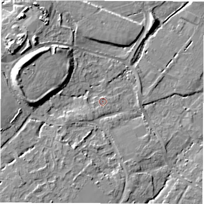 Shaded relief map of the ground around SO404SY, computed from Environment Agency LiDAR. The ground here sits at about 6 m above sea level and falls 14 m across the surrounding 800 m. Surface water reaching this point runs off ground lying to the south-west, 1.8 m higher.