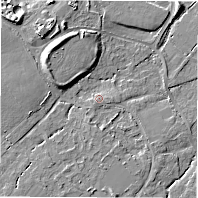 Shaded relief map of the ground around SO404UB, computed from Environment Agency LiDAR. The ground here sits at about 8 m above sea level and falls 13 m across the surrounding 800 m. Surface water reaching this point runs off ground lying to the south-south-west, 1.8 m higher.