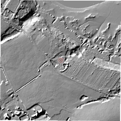 Shaded relief map of the ground around SO404UD, computed from Environment Agency LiDAR. The ground here sits at about 9 m above sea level and falls 21 m across the surrounding 800 m. Surface water reaching this point runs off ground lying to the south, 3.6 m higher.