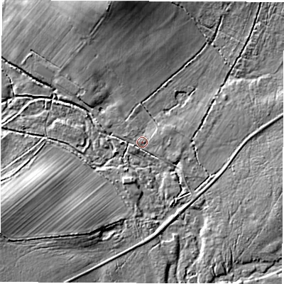 Shaded relief map of the ground around SO404UR, computed from Environment Agency LiDAR. The ground here sits at about 8 m above sea level and falls 11 m across the surrounding 800 m. Surface water reaching this point runs off ground lying to the north, 9.9 m higher.