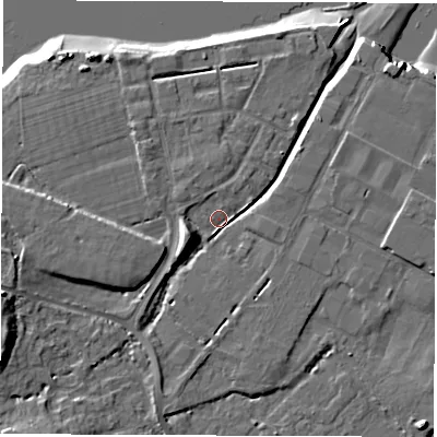 Shaded relief map of the ground around SO404UX, computed from Environment Agency LiDAR. The ground here sits at about 3 m above sea level and falls 13 m across the surrounding 800 m. Surface water reaching this point runs off ground lying to the west-south-west, 5.7 m higher.