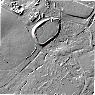 Shaded relief map of the ground around SO404UY, computed from Environment Agency LiDAR. The ground here sits at about 7 m above sea level and falls 12 m across the surrounding 800 m. Surface water reaching this point runs off ground lying to the north-north-west, 8.8 m higher.