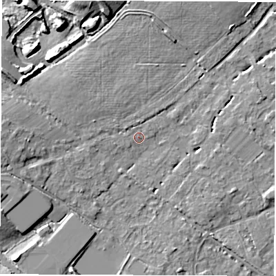 Shaded relief map of the ground around SO404WH, computed from Environment Agency LiDAR. The ground here sits at about 10 m above sea level and falls 11 m across the surrounding 800 m. Surface water reaching this point runs off ground lying to the west, 1.5 m higher.