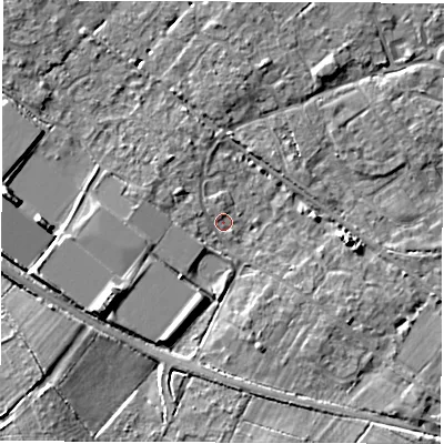 Shaded relief map of the ground around SO404WT, computed from Environment Agency LiDAR. The ground here sits at about 10 m above sea level and falls 9 m across the surrounding 800 m. Surface water reaching this point runs off ground lying to the south-west, 6.7 m higher.