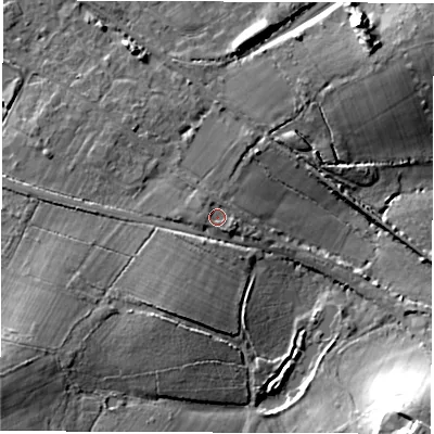 Shaded relief map of the ground around SO404WU, computed from Environment Agency LiDAR. The ground here sits at about 11 m above sea level and falls 20 m across the surrounding 800 m. Surface water reaching this point runs off ground lying to the west, 1.3 m higher.