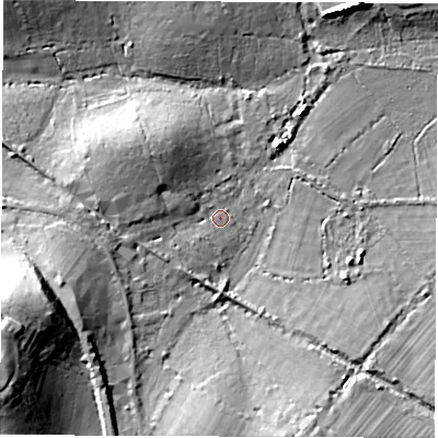 Shaded relief map of the ground around SO404WW, computed from Environment Agency LiDAR. The ground here sits at about 6 m above sea level and falls 23 m across the surrounding 800 m. Surface water reaching this point runs off ground lying to the north-west, 6.2 m higher.