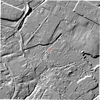 Shaded relief map of the ground around SO404XE, computed from Environment Agency LiDAR. The ground here sits at about 4 m above sea level and falls 8 m across the surrounding 800 m. Surface water reaching this point runs off ground lying to the south-south-west, 1.6 m higher.
