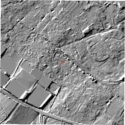 Shaded relief map of the ground around SO404XG, computed from Environment Agency LiDAR. The ground here sits at about 9 m above sea level and falls 9 m across the surrounding 800 m. Surface water reaching this point runs off ground lying to the west-south-west, 3.0 m higher.