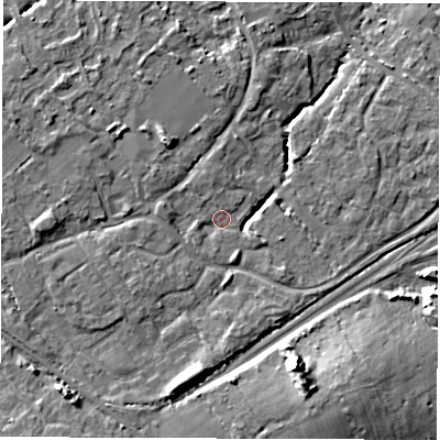 Shaded relief map of the ground around SO404XR, computed from Environment Agency LiDAR. The ground here sits at about 8 m above sea level and falls 13 m across the surrounding 800 m. Surface water reaching this point runs off ground lying to the west-north-west, 1.7 m higher.
