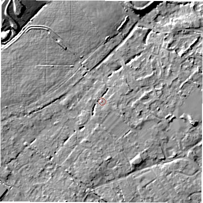 Shaded relief map of the ground around SO404XS, computed from Environment Agency LiDAR. The ground here sits at about 9 m above sea level and falls 12 m across the surrounding 800 m. Surface water reaching this point runs off ground lying to the south-south-west, 2.1 m higher.