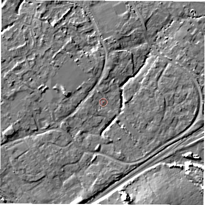 Shaded relief map of the ground around SO404XT, computed from Environment Agency LiDAR. The ground here sits at about 8 m above sea level and falls 14 m across the surrounding 800 m. Surface water reaching this point runs off ground lying to the north-north-west, 1.5 m higher.