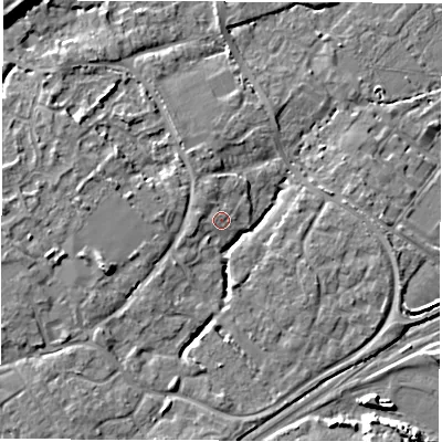 Shaded relief map of the ground around SO404XU, computed from Environment Agency LiDAR. The ground here sits at about 8 m above sea level and falls 12 m across the surrounding 800 m. Surface water reaching this point runs off ground lying to the west-north-west, 1.0 m higher.
