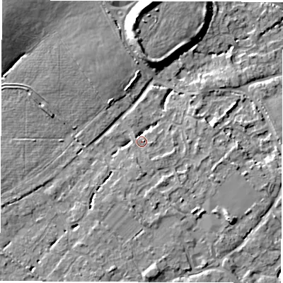Shaded relief map of the ground around SO404YR, computed from Environment Agency LiDAR. The ground here sits at about 9 m above sea level and falls 12 m across the surrounding 800 m. Surface water reaching this point runs off ground lying to the south-east, 2.7 m higher.