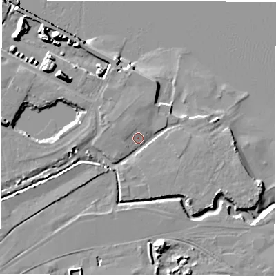 Shaded relief map of the ground around SO404ZD, computed from Environment Agency LiDAR. The ground here sits at about 3 m above sea level and falls 13 m across the surrounding 800 m. Surface water reaching this point runs off ground lying to the west-south-west, 3.8 m higher.