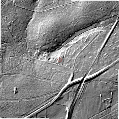 Shaded relief map of the ground around SO407AD, computed from Environment Agency LiDAR. The ground here sits at about 17 m above sea level and falls 15 m across the surrounding 800 m. Surface water reaching this point runs off ground lying to the south-south-east, 2.3 m higher.
