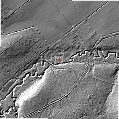 Shaded relief map of the ground around SO407AH, computed from Environment Agency LiDAR. The ground here sits at about 12 m above sea level and falls 11 m across the surrounding 800 m. Surface water reaching this point runs off ground lying to the west-north-west, 6.7 m higher.