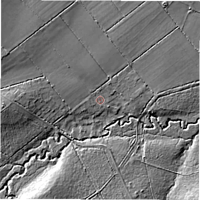 Shaded relief map of the ground around SO407AJ, computed from Environment Agency LiDAR. The ground here sits at about 13 m above sea level and falls 10 m across the surrounding 800 m. Surface water reaching this point runs off ground lying to the north-west, 6.5 m higher.
