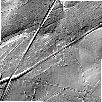 Shaded relief map of the ground around SO407AU, computed from Environment Agency LiDAR. The ground here sits at about 18 m above sea level and falls 14 m across the surrounding 800 m. Surface water reaching this point runs off ground lying to the south-west, 1.7 m higher.