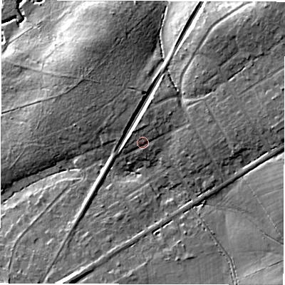Shaded relief map of the ground around SO407AZ, computed from Environment Agency LiDAR. The ground here sits at about 19 m above sea level and falls 15 m across the surrounding 800 m. Surface water reaching this point runs off ground lying to the north-west, 2.3 m higher.